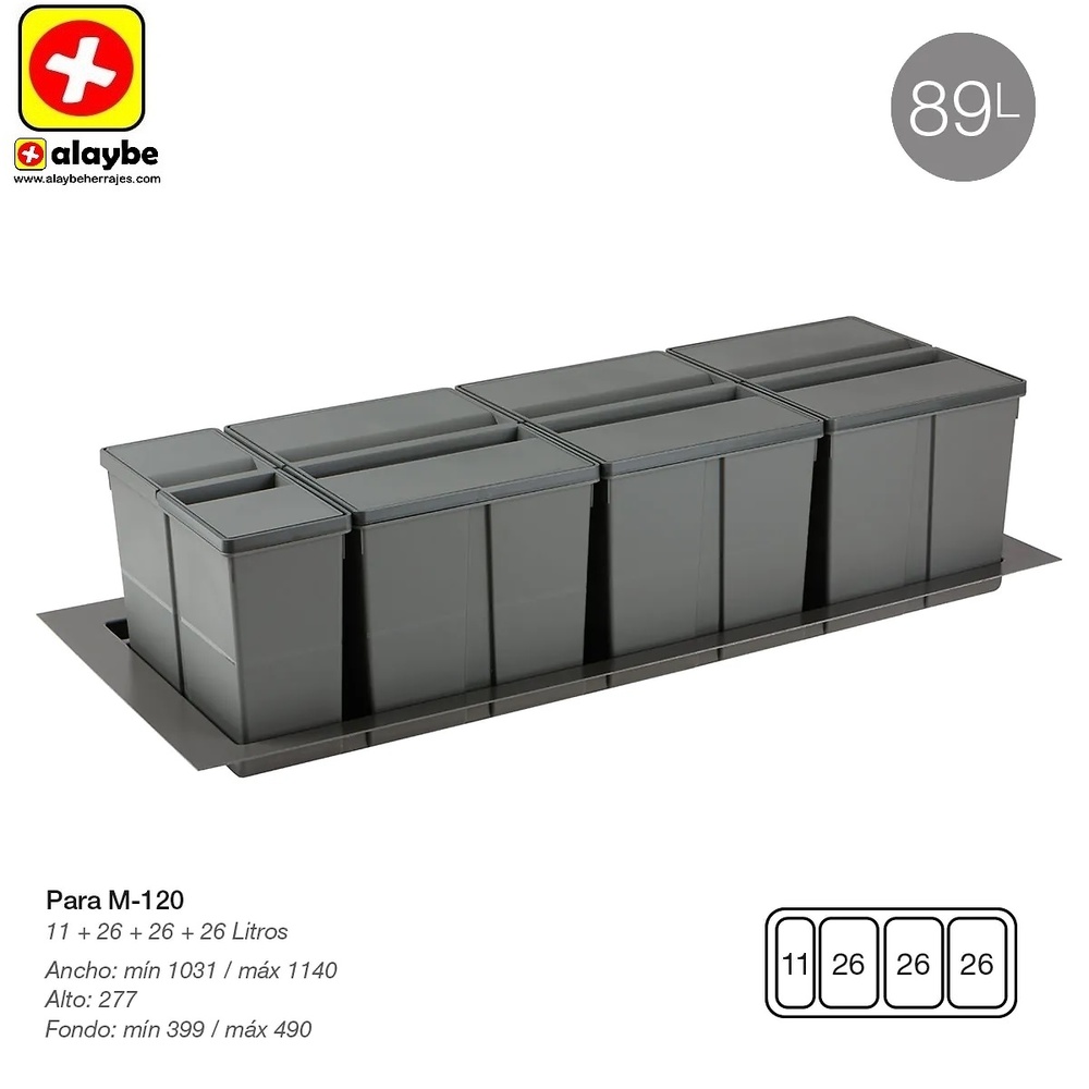 9XL SISTEMA CUBO RECICLAJE CON BASE Y TAPA 278 mm 1031/1140 mm 399/490 mm 11L+26L+26L+26L CUBOS+BASE 1200 mm 