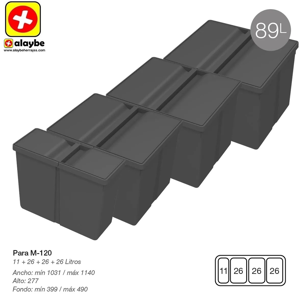 9XL SISTEMA CUBO RECICLAJE CON BASE Y TAPA 278 mm 1031/1140 mm 399/490 mm 11L+26L+26L+26L CUBOS 1200 mm 