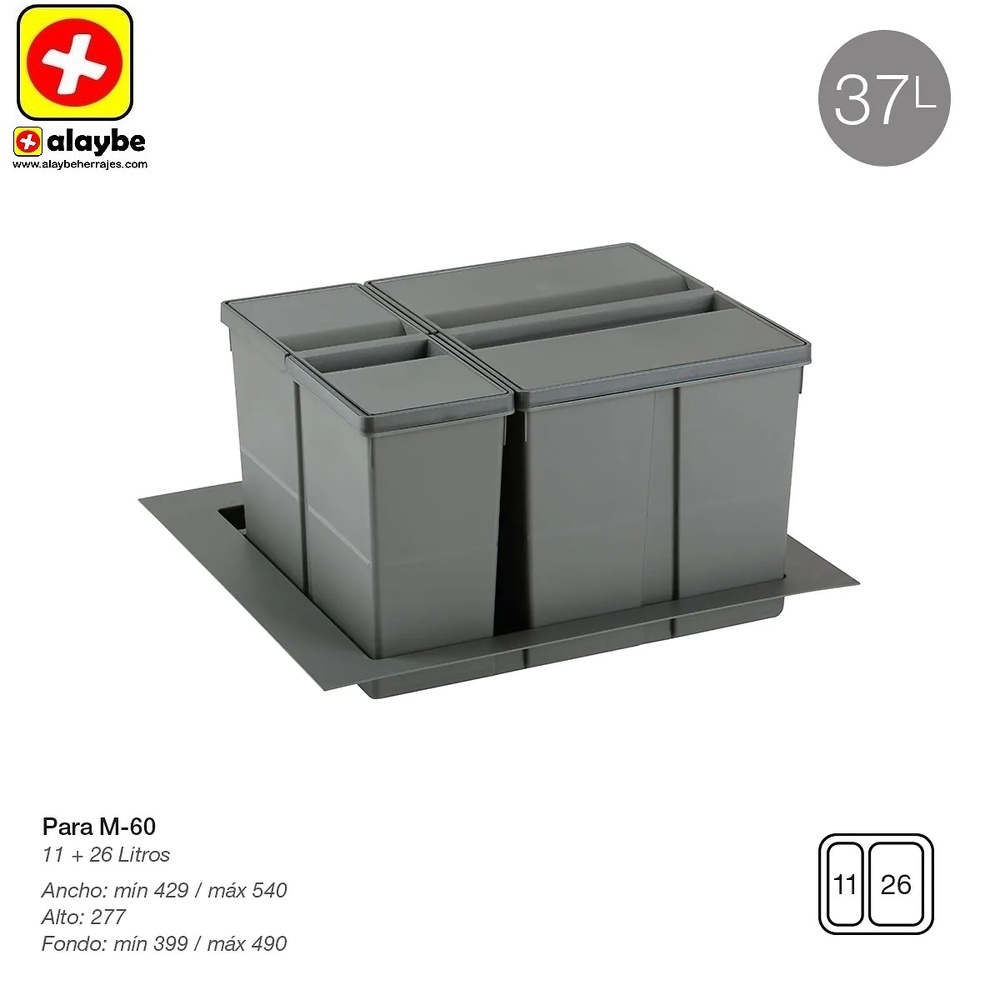 9XL SISTEMA CUBO RECICLAJE CON BASE Y TAPA 278 mm 429/540 mm 399/490 mm 11L+26L CUBOS+BASE 600 mm 