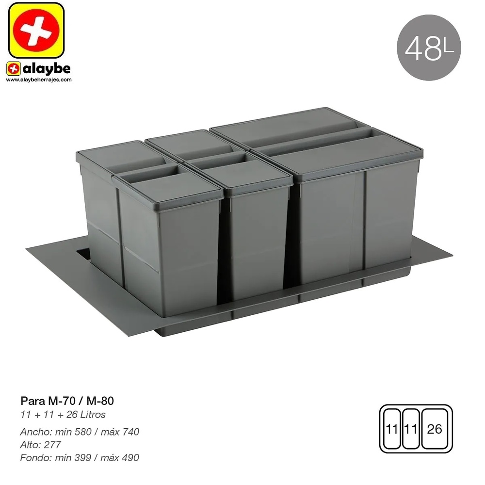 9XL SISTEMA CUBO RECICLAJE CON BASE Y TAPA 278 mm 580/740 mm 399/490 mm 11L+11L+26L CUBOS+BASE 700-800 mm 