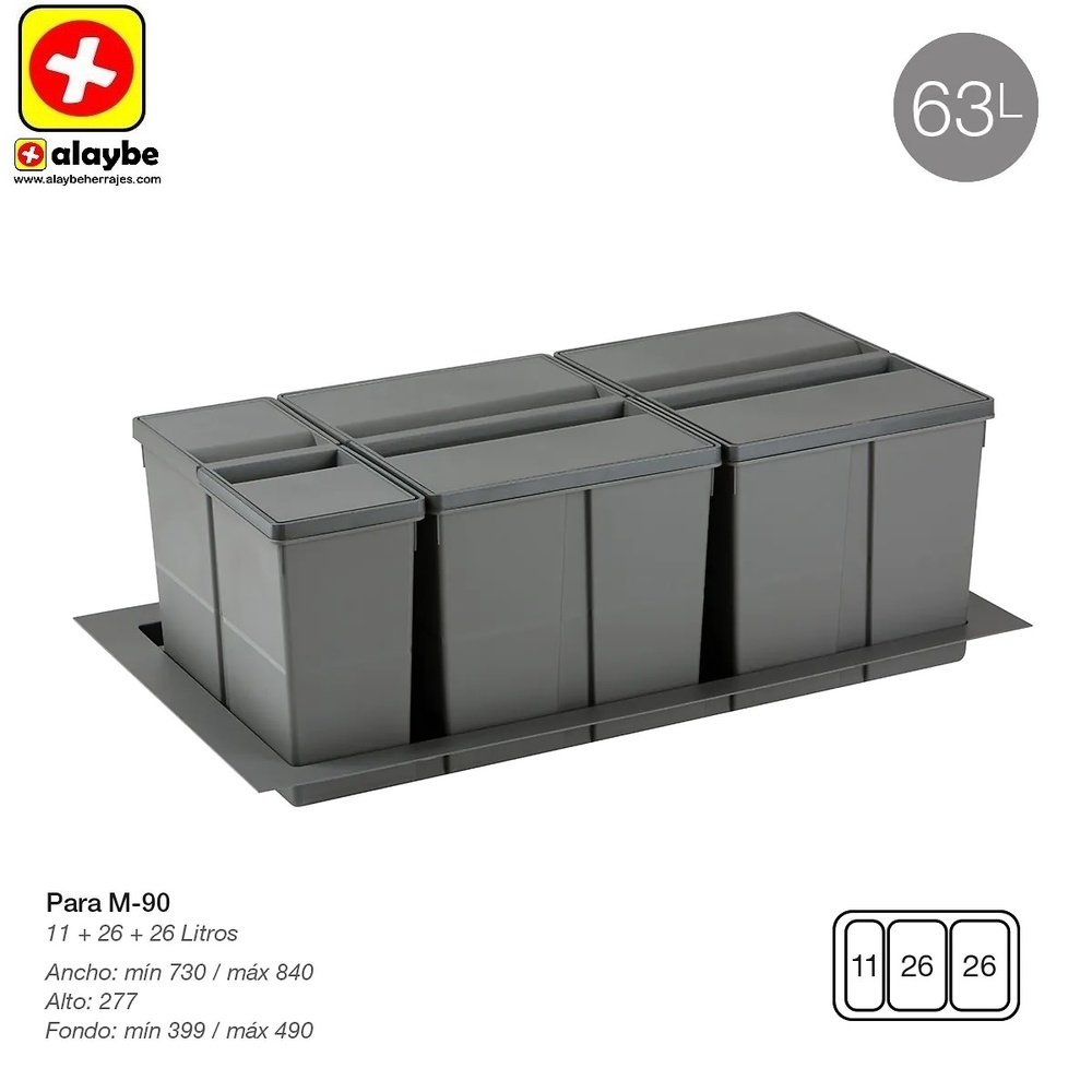 9XL SISTEMA CUBO RECICLAJE CON BASE Y TAPA 278 mm 730/840 mm 399/490 mm 11L+26L+26L CUBOS+BASE 900 mm 