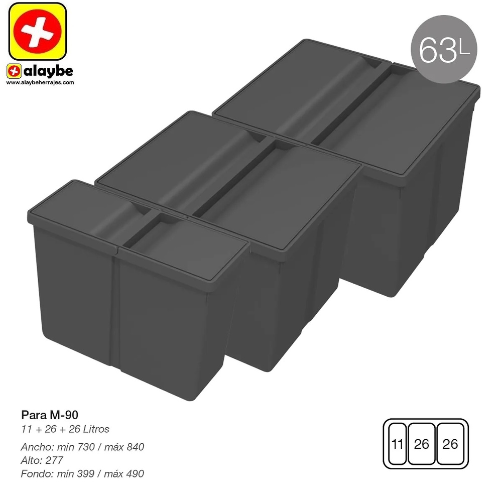 9XL SISTEMA CUBO RECICLAJE CON BASE Y TAPA 278 mm 730/840 mm 399/490 mm 11L+26L+26L CUBOS 900 mm 