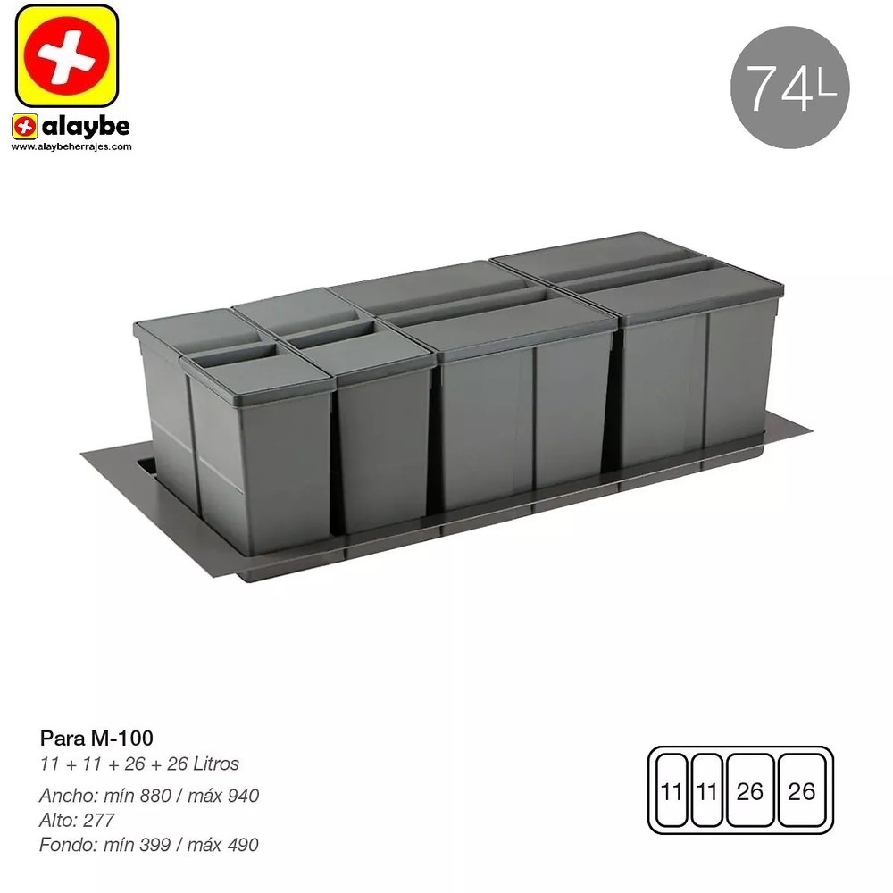 9XL SISTEMA CUBO RECICLAJE CON BASE Y TAPA 278 mm 880/940 mm 399/490 mm 11L+11L+26L+26L CUBOS+BASE 1000 mm 