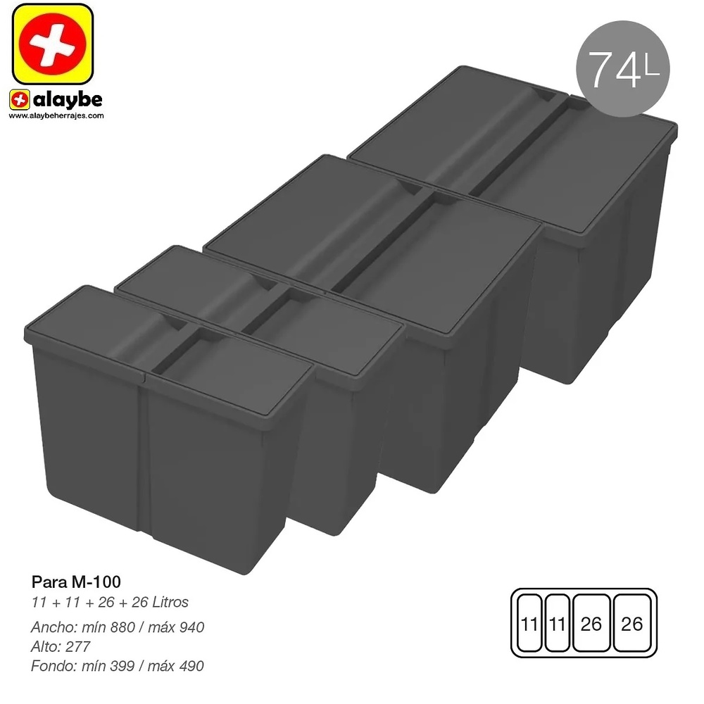 9XL SISTEMA CUBO RECICLAJE CON BASE Y TAPA 278 mm 880/940 mm 399/490 mm 11L+11L+26L+26L CUBOS 1000 mm 