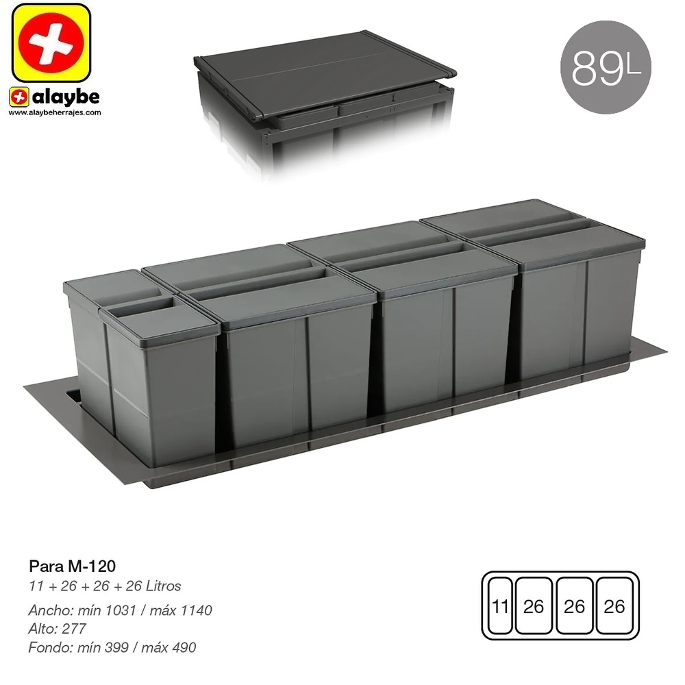 9XL SISTEMA CUBO RECICLAJE CON BASE Y TAPA 310 mm 1031/1140 mm 399/490 mm 11L+26L+26L+26L CUBOS+BASE+TAPA 1200 mm 