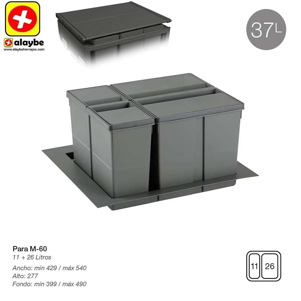 9XL SISTEMA CUBO RECICLAJE CON BASE Y TAPA 310 mm 429/540 mm 399/490 mm 11L+26L CUBOS+BASE+TAPA 600 mm 