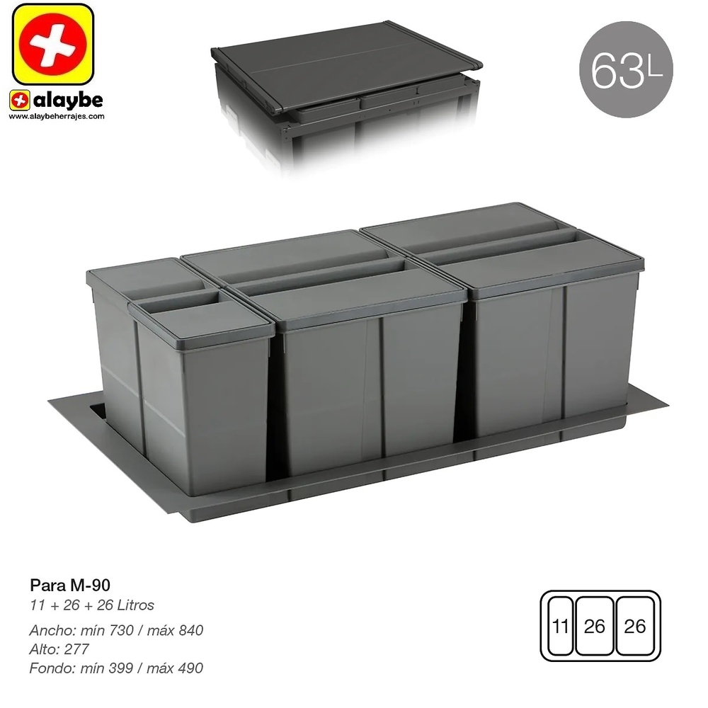 9XL SISTEMA CUBO RECICLAJE CON BASE Y TAPA 310 mm 730/840 mm 399/490 mm 11L+26L+26L CUBOS+BASE+TAPA 900 mm 