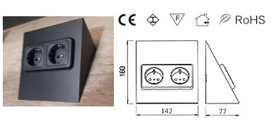 TRAPEZOIDE SISTEMA ENCHUFES Y TOMAS CORRIENTE BAJO MUEBLE ACERO INOX NEGRO+NEGRO 2 ENCHUFES 