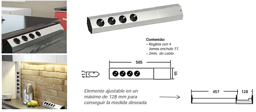 Regleta de 7 enchufes con perfil de aluminio y conmutadores, cable