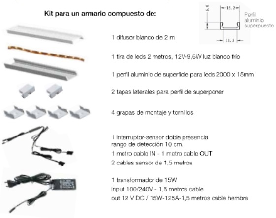 KIT COMPLETO TIRA DE LEDS DE SUPERFICIE DE 2MTS CON 2 SENSORES DE APERTURA 