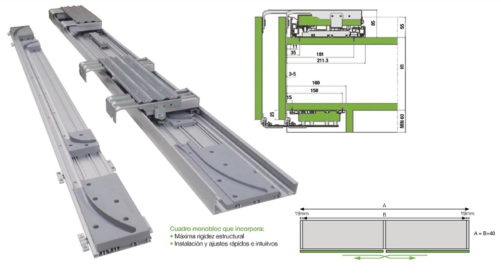 MURANO INLINE SISTEMA CORREDERO ARMARIO COPLANAR 60 KG POR PUERTA 