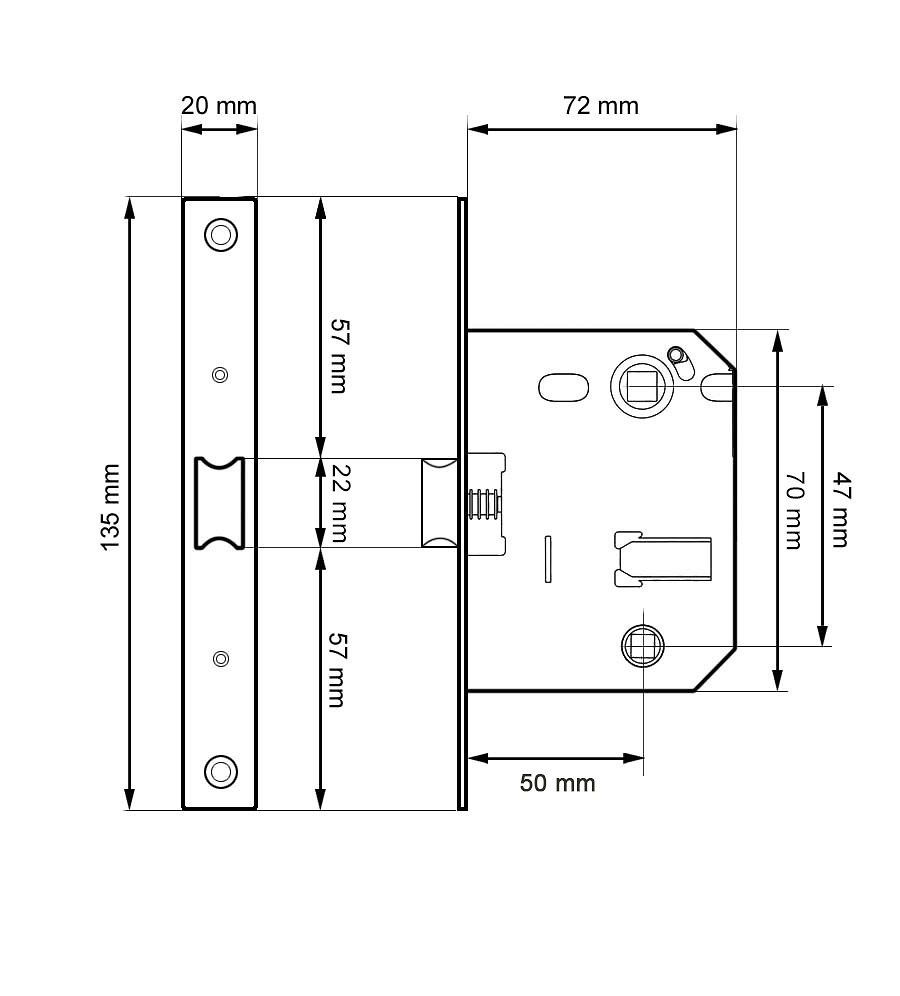 PICAPORTE CONDENA CANTO REDONDO PCT01 47mm 