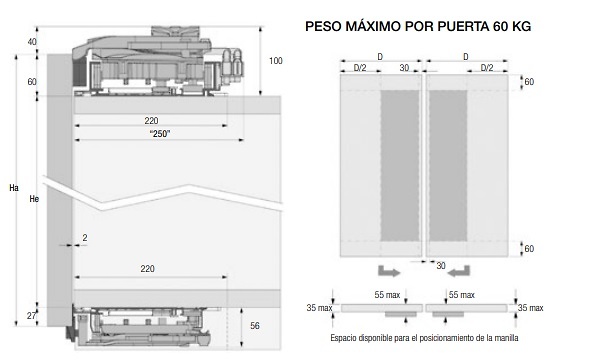 PLANO SISTEMA CORREDERO ARMARIO COPLANAR 60 KG POR PUERTA 